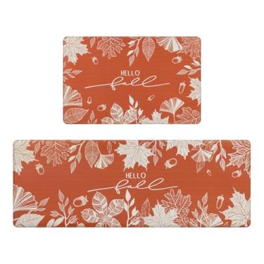 Imagem de U'Artlines Tapete de cozinha com folhas de outono, antifadiga, acolchoado, confortável, tapetes de mesa laranja para chão 43 x 71 cm + 43 cm x 119 cm
