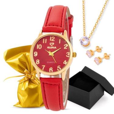 Imagem de Kit Relógio Eura Couro Dourado Colar e Brinco com Caixa Presenteavel, 
