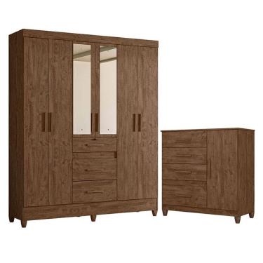 Imagem de Guarda Roupa Casal Itatiba com espelho e Cômoda Vênus com pés Castanho Wood – Moval