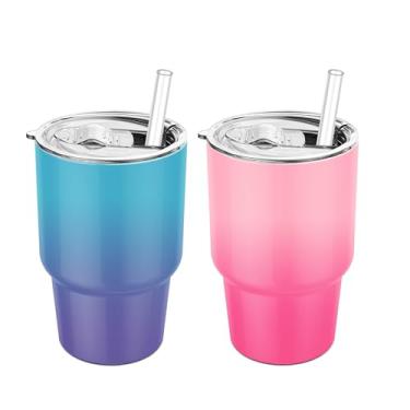 Imagem de Gosuny Mini copos de 184 g com tampas deslizantes e canudos - Pacote com 2 minicopos atualizados com canudo parede dupla vácuo aço inoxidável pequeno isolado empilhável copo à prova de vazamento