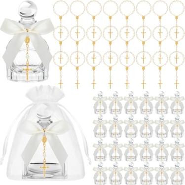 Imagem de Chuangdi 24 conjuntos de garrafas de água católicas sagradas, lembrancinhas de batismo a granel para convidados, garrafas de vidro cristãs católicas, bolsas de organza com pulseira de cruz de ouro