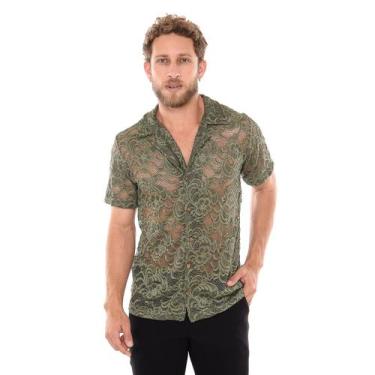 Imagem de Camisa Masculina de Renda Trabalhada Verde Militar - Execução Jeans, V
