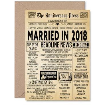Imagem de Stuff4 Cartão de 7º aniversário para homens e mulheres - Jornal vintage casado em 2018 - Cartão de aniversário de casamento feliz de 7 anos para esposa companheira marido parceiro, cartões