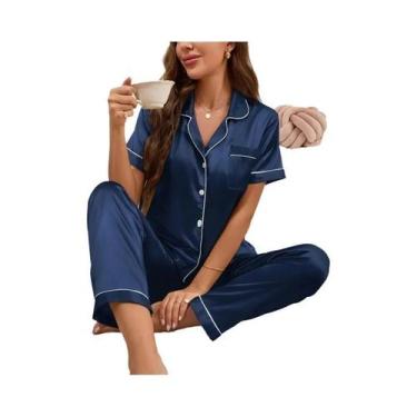 Imagem de Conjunto De Pijamas Femininos De Cetim, Manga Curta, Com Botões, Calça