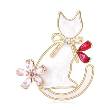 Imagem de Broches e alfinetes de gato branco de strass para mulheres desenho animado esmalte flor de cristal broche de gatinho broche de lapela terno colarinho chapéu acessórios de vestido decorações enfeites