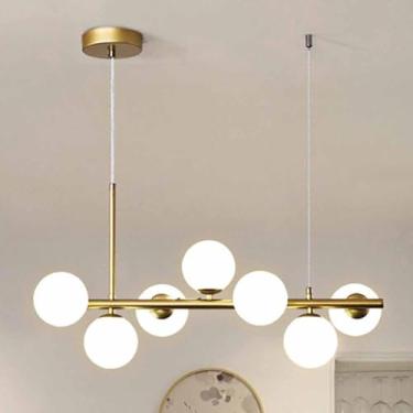 Imagem de Lustre De Globos De Vidro Moderno Mid Century Metal Pendurado Luz De Teto Dourada Globo Abajur Altura Ajustável Luminária Pingente Para Ilha De Cozinha Sala De Estar Quarto, Gold, 7-Light
