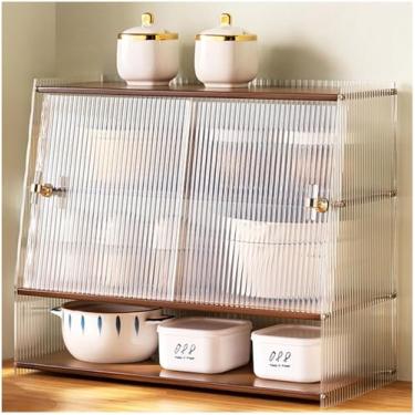 Imagem de Armário De Armazenamento De Despensa De Cozinha Para Bancada, Armário Organizador Multiuso Com 2 Portas De Acrílico Listradas Deslizantes, Despensa De Alimentos De Balcão De Mesa, Brown, B
