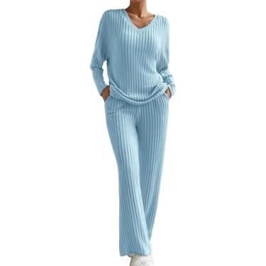 Imagem de Terno De Malha Feminino De Duas Peças, Terno De Lazer, Terno De Calças Com Decote Em V, Calças Retas De Jumper De Malha Com Nervuras De Manga Comprida, Terno Esportivo De Malha, blue, XL