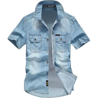 Imagem de Camisas Jeans Casuais Masculinas Com Bolsos Com Aba Manga Curta Botão Para Baixo Moda Camisa De Vestido De Negócios Cowboy Ocidental, Blue, XXL