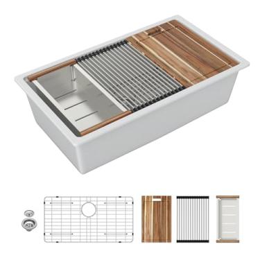 Imagem de Sarlai Pia de cozinha composta de granito 33 – 83 x 48 cm de granito embaixo da pia da cozinha estação de trabalho sob a montagem de quartzo branco clássico pia única bacia sob bancada com acessórios