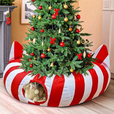 Imagem de GUDELAK Cama túnel para gatos com saia de árvore de Natal, camas para gatos internos, túneis com bola de brinquedo, decorações de Natal vermelhas e brancas, túneis de rosquinha para gatos, pequenos e