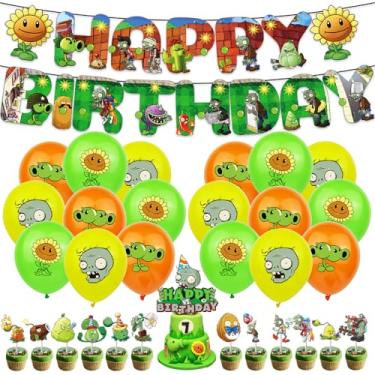 Imagem de Plant vs. Zom-bies Party Backdrop Party Banner, Cake Topper, Cupcake Topper, Cup Cake Wrappers, Zombies Hanging Swirls and PVSZ Balloons for PVSZ Party Supplies Decorations/Kids Room Decor