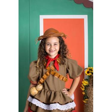 Imagem de Fantasia Infantil Cangaceira Maria Bonita Faroeste, Vestido Marrom com Renda Branca, Cartucheira, Lenço Vermelho, para São João, Folclore e Festas - 10 anos