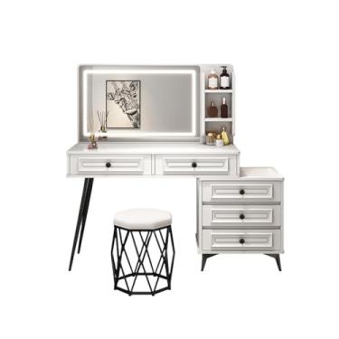 Imagem de Escrivaninha de penteadeira Conjunto de mesa vaidade cômoda quarto simples pequeno apartamento maquiagem com espelho armazenamento conjunto armário lateral(Grande)