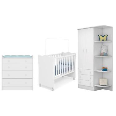 Imagem de Quarto infantil Guarda Roupa, Cômoda Trocador e Berço Branco - Qmovi