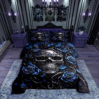 Imagem de Erosebridal Conjunto de edredom gótico para adultos, boêmio, gótico, vintage, crânio, horror, rosa, barroco, vitoriano, romântico, rosa, para decoração de quarto gótico de Halloween