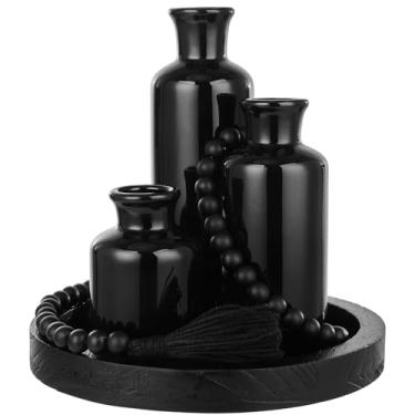 Imagem de Tiangrid Conjunto de 3 peças de mesa rústicas para decoração de mesa com 3 vasos de cerâmica Boho com bandeja de servir de madeira, guirlanda de contas de madeira, borlas, suporte de mesa para