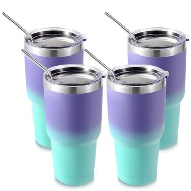 Imagem de Volhoply Copo térmico de 900 ml com tampa e canudo pacote com 4, canecas de café de viagem de parede dupla para bebidas quentes/frias, cabe em porta-copos de carro, sem BPA (roxo-azul,4