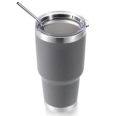 Imagem de Volhoply Caneca isolante de 900 ml com tampa e canudo, caneca de café de viagem de parede dupla para bebidas quentes/frias, cabe no porta-copos de carro, sem BPA (cinza, 1
