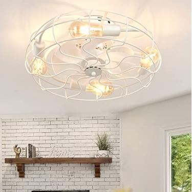 Imagem de Ventiladores de teto vintage brancos com lâmpadas 7 lâminas reversíveis com temporizador de 6 velocidades Ventilador de teto retrô com iluminação Silencioso Industrial Rural Gaiola de ferro