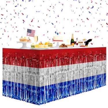 Imagem de Pacote com 2 saias de mesa vermelhas, brancas e azuis, 73,7 x 274,3 cm de folha metálica com franja para mesas retangulares e cortinas de flâmula, decorações de festa para aniversários, casamentos