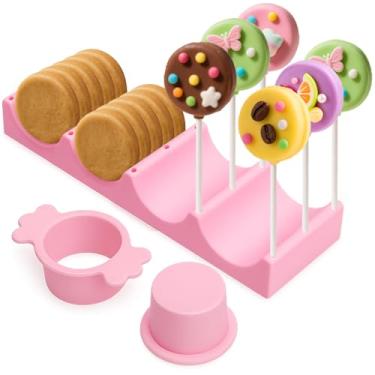 Imagem de Juome Molde de bolo redondo com suporte de bandeja de 22 cm, conjunto de cortador e empurrador de bolo ABS, kit de fazer pop de bolo circular, moldes de assar para festas de aniversário, sobremesas