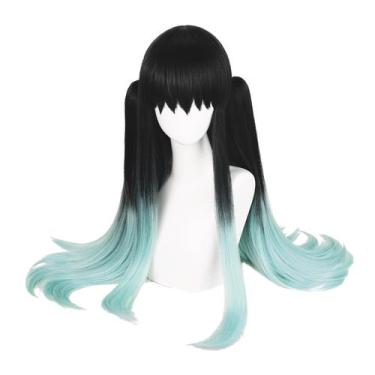 Imagem de Peruca de cosplay Wiggy Mermaid SL Muichirou preta verde com rabos de 