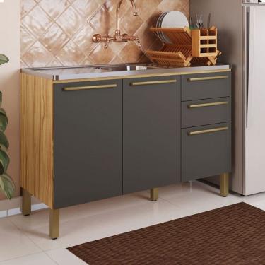 Imagem de Balcão de Cozinha para Pia 120 Cm Napoli 3 Portas 2 Gavetas 100% Mdf Amêndoa/Cinza - Rio Doce