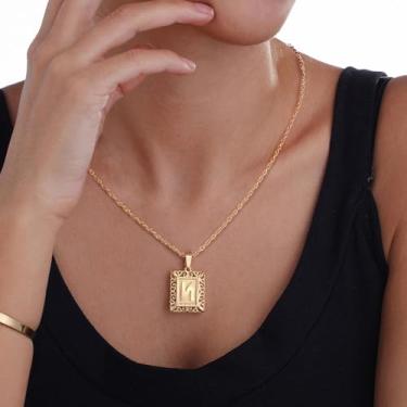 Imagem de Colar com monograma quadrado de ouro 18K A-Z pingente de alfabeto personalizado joia presente para mulheres, F, Aço inoxidável, Sem Pedra Preciosa