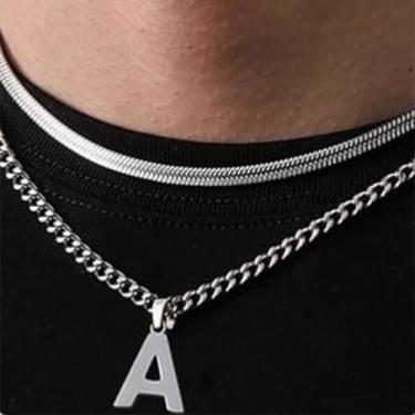 Imagem de Coleção de 26 colares com pingente de alfabeto em camadas, design de corrente dupla (cobra e elos cubanos), joias urbanas hip hop para uso diário e casual, One Size, Aço inoxidável, Sem Pedra Preciosa