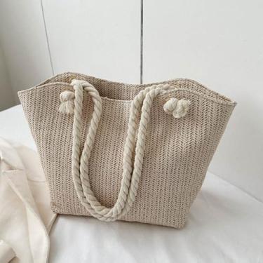 Imagem de Bolsas de praia para mulheres, bolsas de ombro de tecido, bolsa de palha grande para férias de verão, Branco, 15.75 x 9.9 x 4.1 inches
