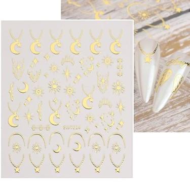 Imagem de Adesivos de unhas bronzeadores, colar de lua estrela, decalques de unha, prata polida, padrão dourado, acessórios de manicure