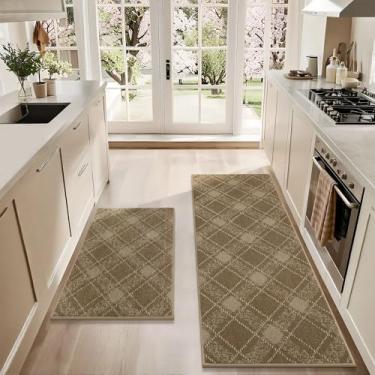 Imagem de COSY HOMEER Conjuntos de tapetes e tapetes de cozinha, 2 peças, tapetes de cozinha macios antiderrapantes para o chão, absorvente e resistente a manchas, tapetes xadrez laváveis para cozinha, 61 cm x
