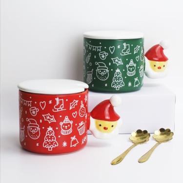 Imagem de Canecas de Natal - Conjunto de canecas de café de cerâmica com colheres, xícaras de café de 368 g com alça, caneca latte, caneca grande para mulheres, homens, seguro para micro-ondas, esmalte reativo