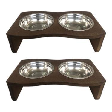 Imagem de Kit 2 Comedouro Madeira Com 2 Potes Inox Pet Cachorro Gato  - JKVERAS