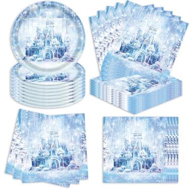 Imagem de 40 peças de decorações de festa de aniversário Frozen Tema Princesa Castelo Pratos e Guardanapos Suprimentos Descartáveis Floco de Neve Conjunto de Utensílios de Mesa Frozen Decorações de Festa Serve
