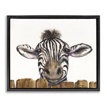 Imagem de Stupell Industries Linda arte de parede em tela flutuante emoldurada dourada zebra acima da cerca, design de George Dyachenko, 43 x 53 cm