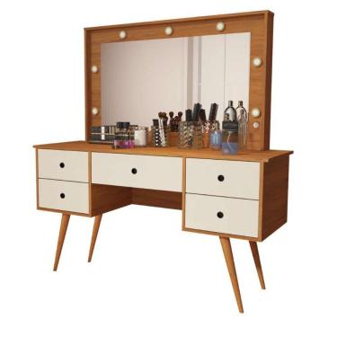 Imagem de Penteadeira Camarim Com Led Espelho Bancada De Maquiagem Pé Madeira Retrô 5 Gaveta Nature / Offwhite