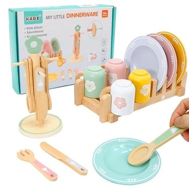 Imagem de Conjunto de Louça Infantil em Madeira, Prateleira e Utensílios de Cozinha, Cores Pastel, 4 Pratos, 4 Xícaras, 12 Talheres, para Crianças Acima de 3 Anos