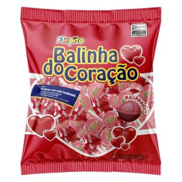 Imagem de Pirulito Flopito Balinha do Coração Recheado 500g C/50un Morango com Leite Condensado Florestal