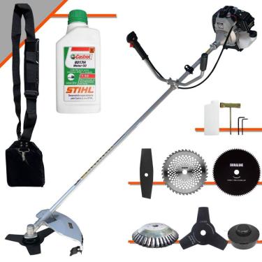 Imagem de Roçadeira Com Sistema Anti-Vibração Toyama TBC43H À Gasolina 43cc 1,7HP Com 6 Opções de Cortes, Carretel + Kit 4 Facas + Escova de Aço + ÓLEO STIHL 2T