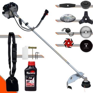 Imagem de Roçadeira Toyama TBC43H 43cc Com Carretel + Facas 2 Pontas, 3 Pontas, 6 Pontas, 40 Dentes de Vídea, 80 Dentes, Trimmer e Escova de Aço + ÓLEO TOYAMA