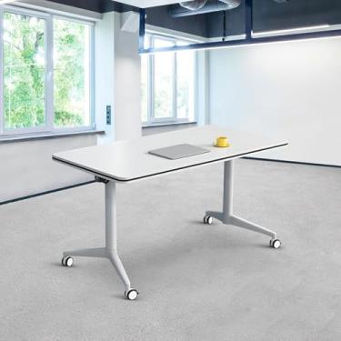 Imagem de ZDJZMGZ Mesa de conferência dobrável, mesas brancas de sala de conferência com rodas, mesa de seminário retangular grande dobrável para 2 10 pessoas (1,61 cm)