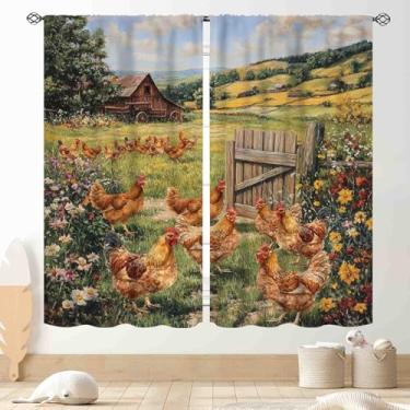 Imagem de Cortinas de cozinha de galo, fazenda rural animal rural rústico padrão de galinha estampado aquarela blackout cortina de janela tratamentos para quarto, sala de estar, sala de jantar, 2 painéis, 106,7