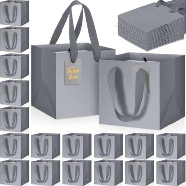 Imagem de Windyun 50 mini sacos de presente de papel com alça 15 x 15 x 15 cm quadrada pequena bolsa de lembrancinha com etiqueta de agradecimento faça você mesmo para Natal, aniversário, casamento, chá de