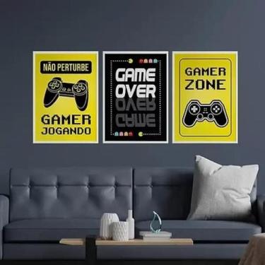 Imagem de Kit Quadros Gamer Zone Amarelo E Preto 24X18Cm 3 Peças - Quadros On-Li