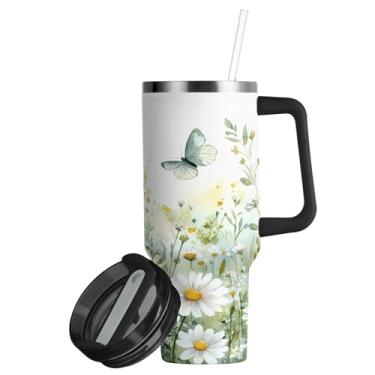 Imagem de ATTX Copo de flores silvestres e borboletas verdes de 850 g com alça, copo de aço inoxidável a vácuo de parede dupla com palha, caneca de café de viagem isolada #360