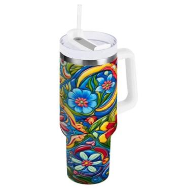 Imagem de Blueangle Copo isolado de 1,134 g com alça e tampa de canudo - Caneca de viagem de aço inoxidável à prova de vazamento, garrafa de água de cerâmica mexicana a vácuo de parede dupla (560)