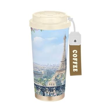 Imagem de SEHANY Caneca de viagem Torre de Paris em aquarela de 500 ml Copos de café reutilizáveis revestidos de cerâmica com tampa à prova de vazamento, parede dupla, isolamento a vácuo, copo de café de aço