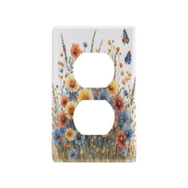 Imagem de Blueangle Placa de parede duplex Wildflowers Butterflies Outlets, tamanho padrão, placas de cobertura de tomada elétrica de 1 gangue para decoração de quarto de escritório em casa, 4,53 x 2,76